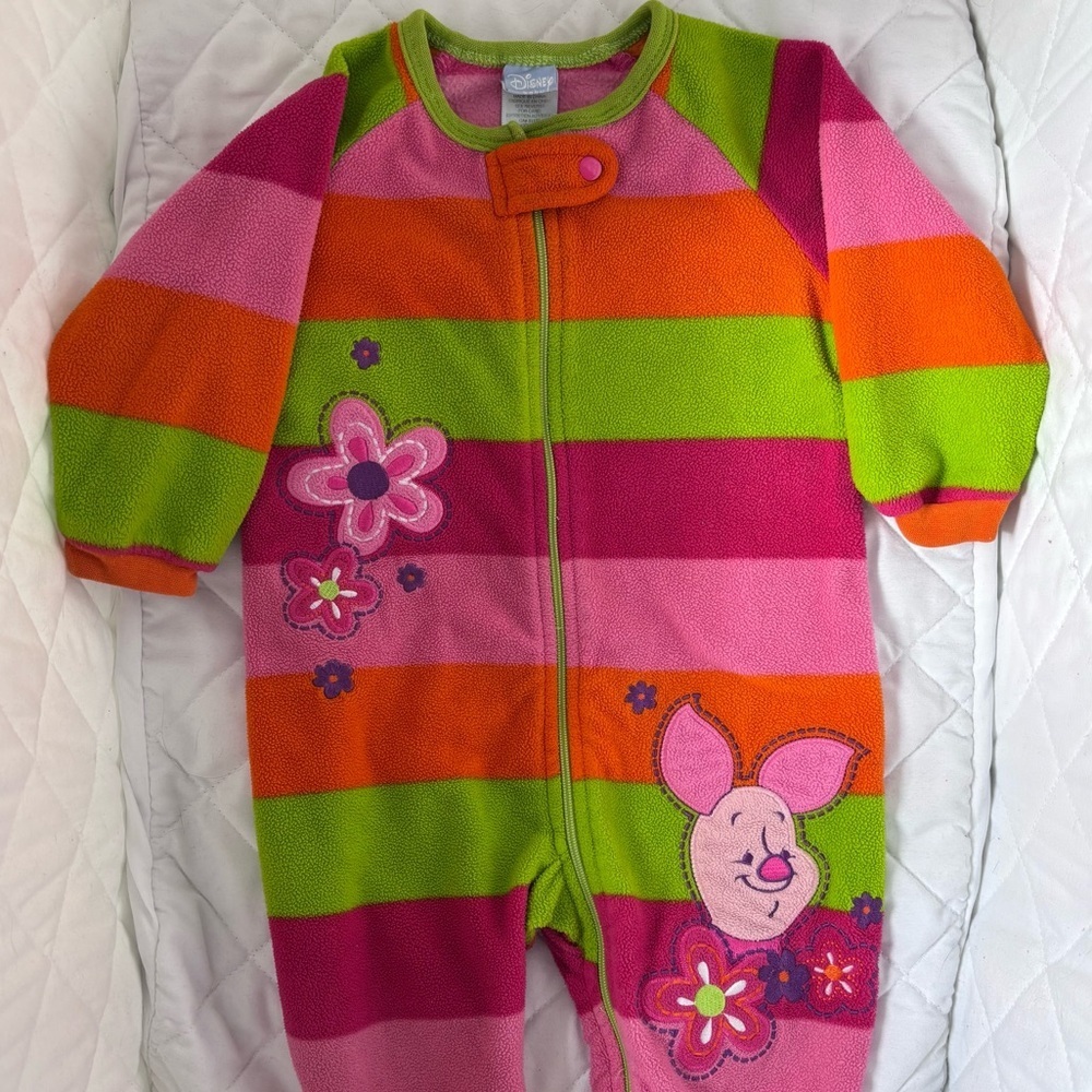 ⭒ 12M VTG Y2K Disney Winnie Piglet Vibrant Fleece Striped Embroidered Onesie ⭒